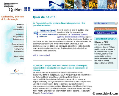 Design du site internet du ministère de Recherche science et technologie du Québec